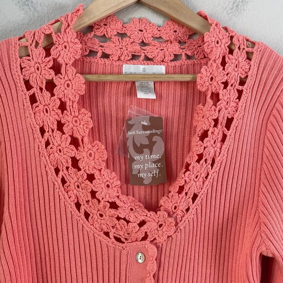 NEW Soft Surroundings Womens Large Coral Crochet Trim Cardigan Sweater Ribbed - Picture 9 of 12